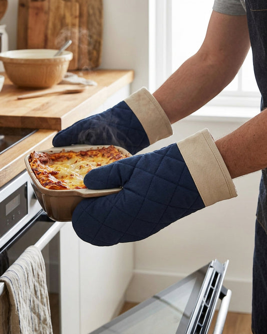 Flins Quilted Cotton Oven Mitts 30 cm Navy Pair - Lifestyle view